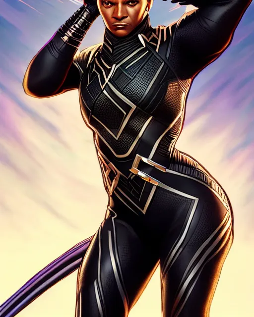Prompt: Black Panther Beyonce as an Apex Legends character digital illustration portrait design by, Mark Brooks and Brad Kunkle detailed, gorgeous lighting, wide angle action dynamic portrait