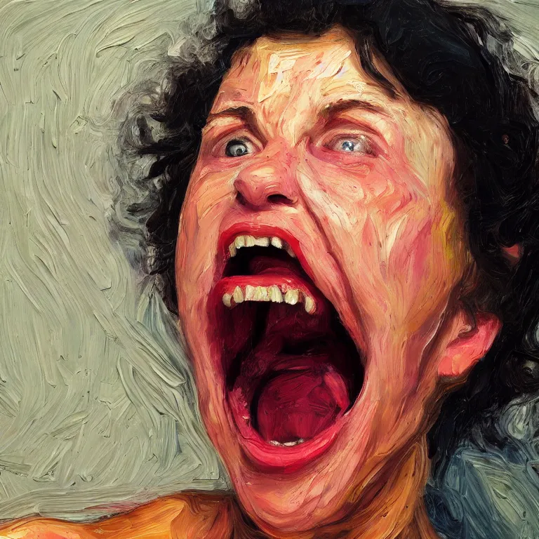 Image similar to warmly lit close up studio portrait of angry!! screaming! teenage Elaine Benes furious!, impasto oil painting thick brushstrokes by Lucian Freud and Cy Twombly and Tim Hawkinson , trending on artstation dramatic lighting Expressionism