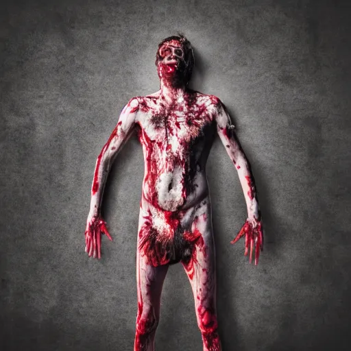 Image similar to ultra detailed photo of a man with many bloody arms covering his entire body