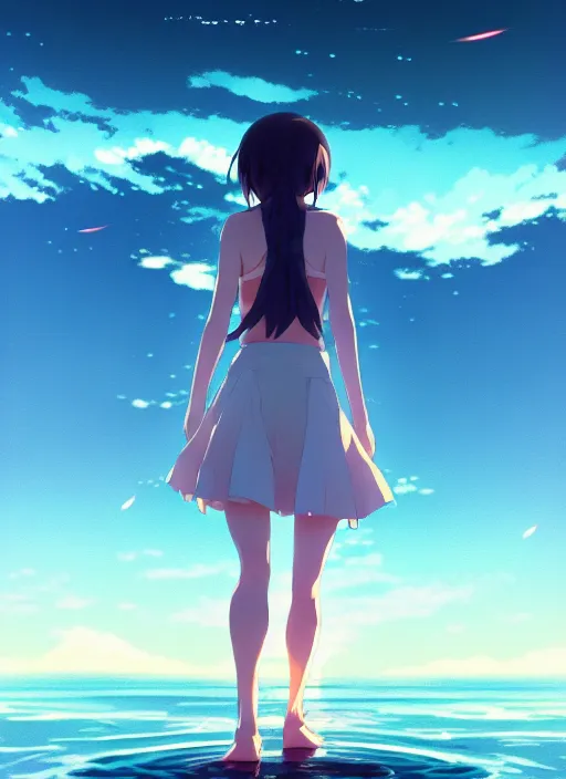 Image similar to anatomically correct anime girl walking on water, ripples, backdrop of dawn, saturn in the background, illustration, concept art, anime, key visual, trending pixiv fanbox by wlop and greg rutkowski and makoto shinkai and studio ghibli