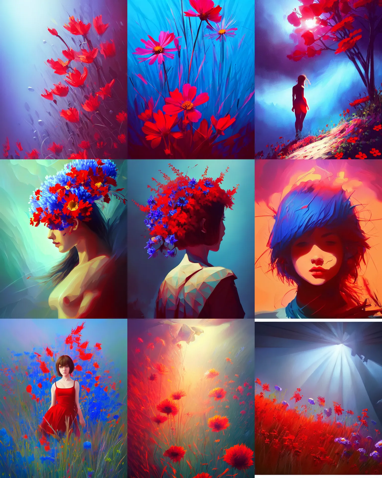 Prompt: epic wild flowers painting by stanley artgerm, dramatic lighting, ilya kuvshinov, trending on artstation, flat colour, geometric curves, gradient filter, red and blue back light
