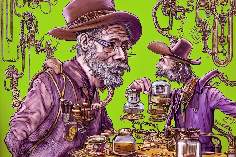 Image similar to Uncle Aloysius, snake oil salesman, wild west crypto pharmaceutical industrialist apothecary alchemist tinkerer engineer, cute, fantasy, intricate, elegant, highly detailed, digital painting, 4k, HDR, concept art, smooth, sharp focus, illustration, purple green color scheme, art by Ed Roth and H R Giger and Greg Rutowski and Lisa Frank