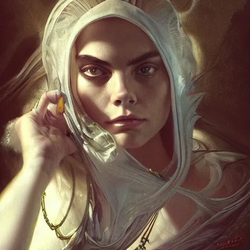 Image similar to Cara Delevigne, physically accurate, dynamic lighting, intricate, elegant, highly detailed, digital painting, artstation, HR GIGER, Hieronymus Bosch, Francis Bacon, concept art, smooth, sharp focus, illustration, art by artgerm and greg rutkowski and alphonse mucha