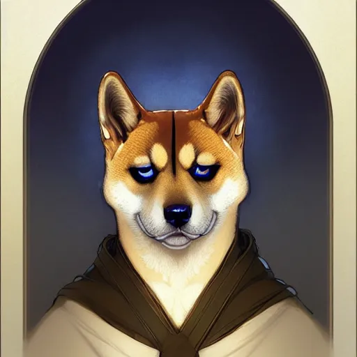 Prompt: Portrait of Shiba Inu, blue eyes, fantasy, intricate, elegant, highly detailed, digital painting, artstation, concept art, smooth, sharp focus, illustration, art by artgerm and greg rutkowski and alphonse mucha