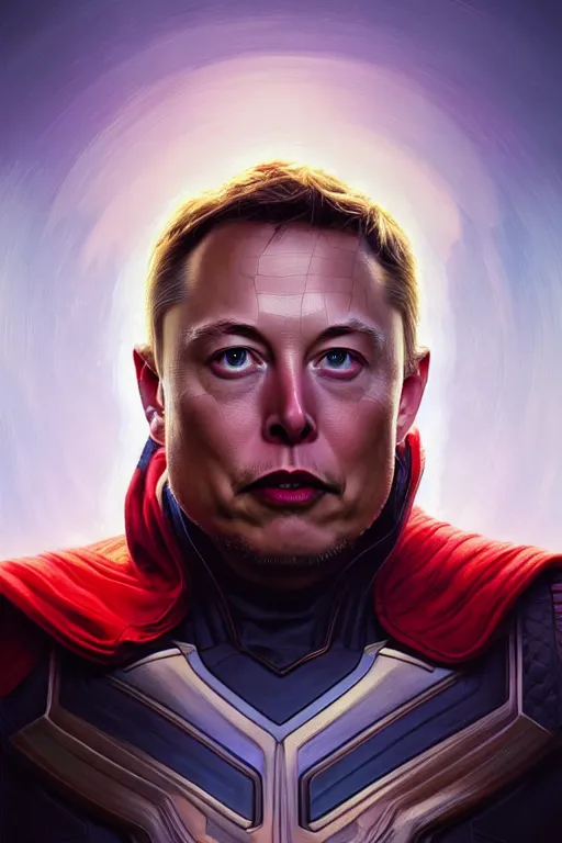 Image similar to elon musk as thor, realistic portrait, symmetrical, highly detailed, digital painting, artstation, concept art, smooth, sharp focus, illustration, cinematic lighting, art by artgerm and greg rutkowski and alphonse mucha