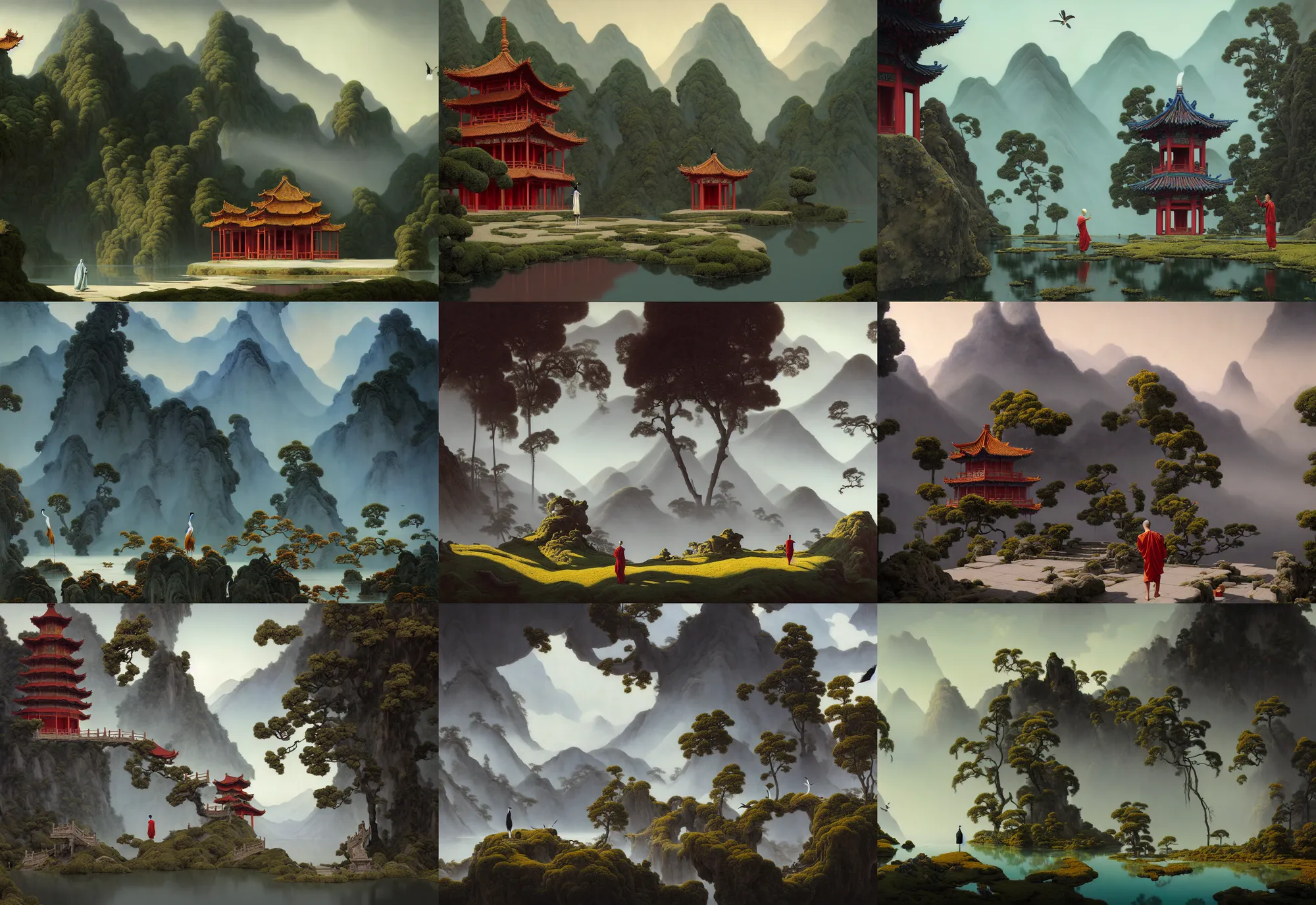 Prompt: a gorgeous landscape painting by barlowe wayne, maxfield parrish and marco mazzoni. an abandoned chinese temple. red - crowned cranes are flying through the clouds and mist among the mountains. birds. a lonely chinese grey blue monk walks on the winding stone steps, 3 d, octane render, turbulent blood lake, 8 k.