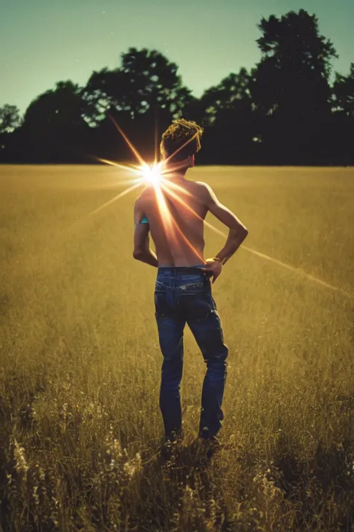 Image similar to agfa vista 4 0 0 photograph of a skinny guy getting abducted by aliens in a field, lens flare, flower crown, back view, moody lighting, moody vibe, telephoto, 9 0 s vibe, grain, vintage, tranquil, calm, faded