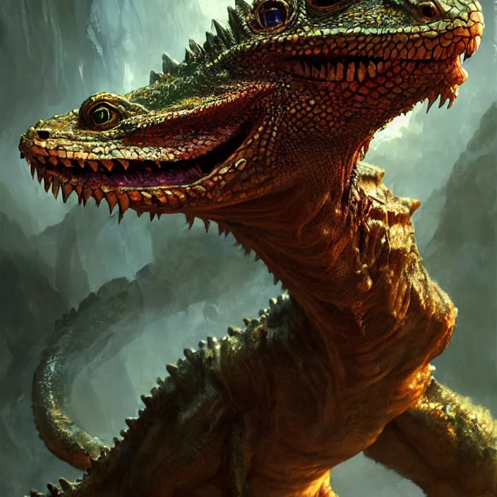 Image similar to 4k lizard demon screaming, art by greg rutkowski, art by craig mullins, art by thomas kincade, art by Yoshitaka Amano