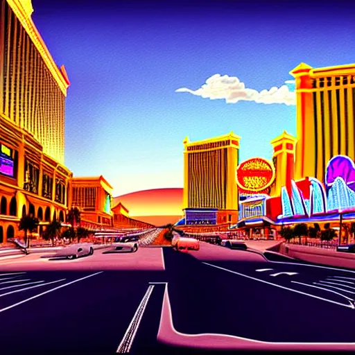 Image similar to las vegas in the future, city streets, golden hour, perspective artwork, photorealism