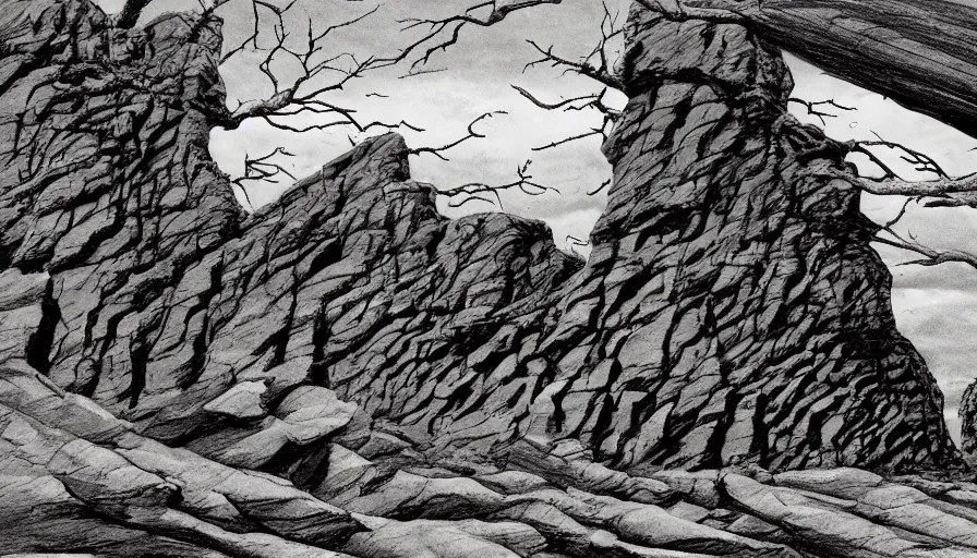 Prompt: petrified forest national park arizona in the style of bernie wrightson horror