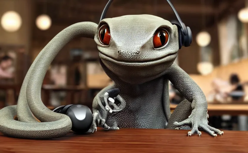 Image similar to a cute gecko with headphones in a cafe sitting in front of a table with a coffee, digital painting, masterpiece, digital art, concept art, octane render, unreal engine 5, trending on deviantart, highly detailed, high quality, 8 k, cartoon, high coherence, realistic, anatomically correct, five fingers, relaxing, realistic and detailed face, beautiful, elegant