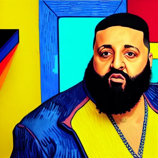 Image similar to ultra realistic portrait of dj khaled in a studio, ultra detailed, under blue, red and yellow cinematic lighting, by van gogh, cartoon, monument valley, escher