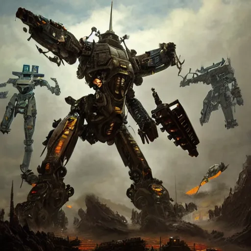 Image similar to pacific rim robots standing in a battlefield, steam punk, 70's sci-fi, extremely detailed digital painting, in the style of Fenghua Zhong and Ruan Jia and Jermy lipking and peter mohrbacher, mystic colors, highly detailed, deep aesthetic, 8k, highly ornate intricate details, cinematic lighting, rich colors, digital artwork, ray tracing, hyperrealistic, photorealistic, cinematic landscape, trending on artstation,