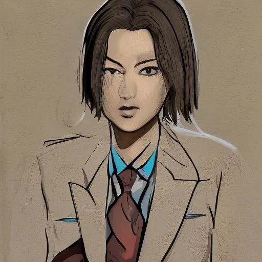 Image similar to female lawyer, business suit, brown neat hair, pixiv, fanbox, trending on artstation, digital painting, portrait, defense attorney, modern, sleek, highly detailed, formal, serious, determined, competent, colorized