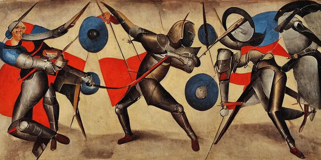 Image similar to italian futurism style painting of medieval knights dueling