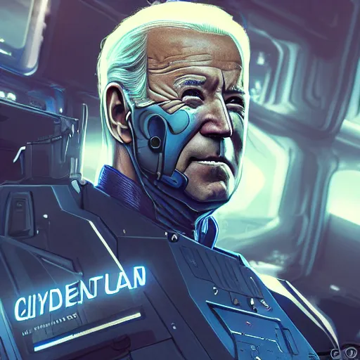 Image similar to Cyber Joe Biden in a Starcitizen loading screen, intricate, dystopian, fantasy, extremely detailed, digital painting, artstation, concept art, smooth, sharp focus, illustration, stark lighting, incredible art by artgerm and greg rutkowski and alphonse mucha and simon stalenhag