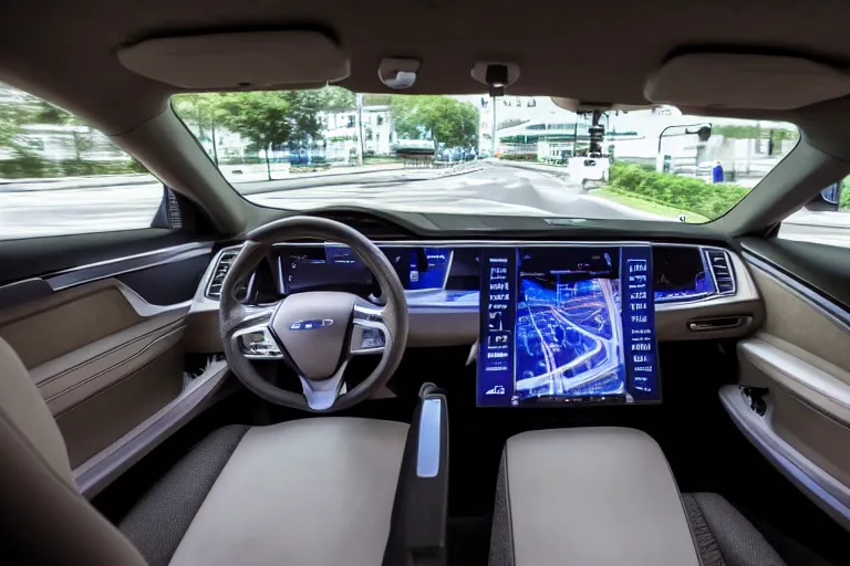 Image similar to a high-detailed picture from the inside of a driving autonomous car without people driving in a city, 8k, photo-realistic, published in a scientific journal