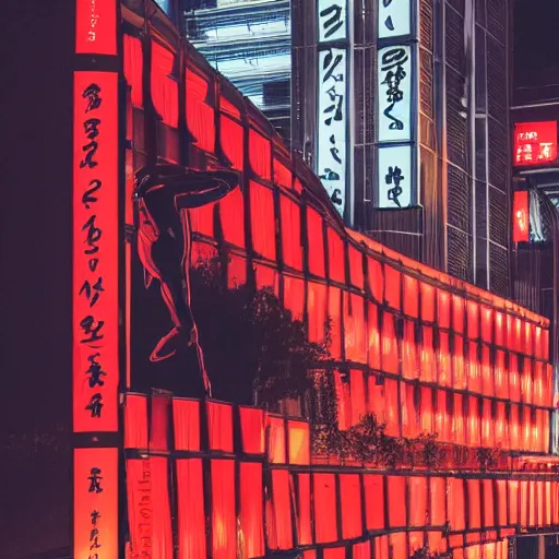 Prompt: super detailed, wide open, cinematic photo of red and black human ninja at night, in front of the red moon with glowing eyes. The ninja is on top of a modern building in tokyo