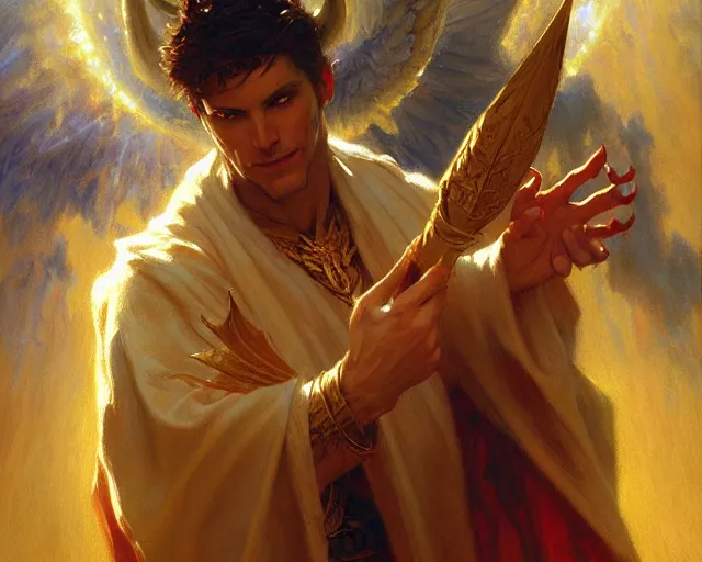 Image similar to attractive male deity, casting demonic magic, summoning handsome lucifer morning star. highly detailed painting by gaston bussiere, craig mullins, j. c. leyendecker 8 k