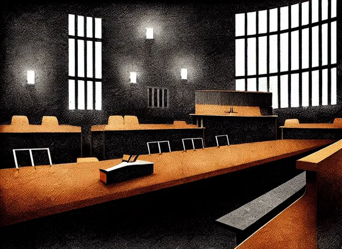 Image similar to editorial illustration by Karolis Strautniekas and Mads Berg, colorful, courtroom the bench,trial, fine texture,detailed, matte colors,film noir, dramatic lighting, dynamic composition,moody, vivid,voumetric