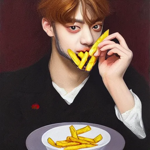 Prompt: taehyung eating gucci fries, 6 0 0 0 dollar fries fried by gucci, pre - raphaelite painting, highly detailed, cleanshaven appearance