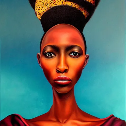 Prompt: an african queen in a surreal portrait style by Afarin Sajedi, oil on canvas