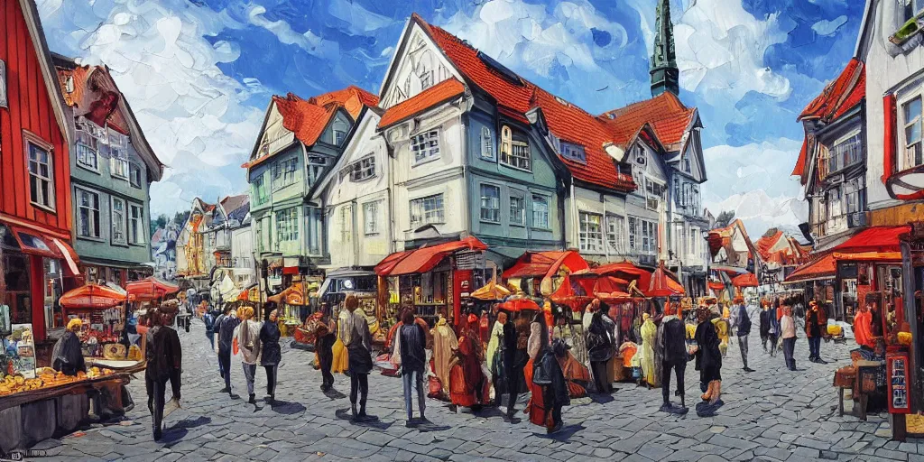 Image similar to Highly detailed oil painting of street life in stavanger by noon, strong atmosphere, oil painting masterpiece by Studio ghibli, symmetry, fractals