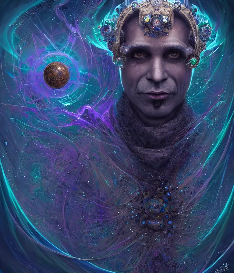 Image similar to front!!! shot of a court jester!!! character, mesmerizing fractal hypercubes, dark holography!!!, future, oil slick nebula, crystalline edges, (((intricate))), elegant, highly detailed, centered, (((artstation, concept art, smooth, sharp focus, artgerm, Tomasz Alen Kopera, Peter Mohrbacher, donato giancola, Joseph Christian Leyendecker, WLOP, Boris Vallejo))), ((raytracing)), mugshot!!!!!, ugly!!!!!!, octane render, nvidia raytracing demo, octane render, nvidia raytracing demo, octane render, nvidia raytracing demo, grainy, muted, 8K, digitalblasphemy, metatron