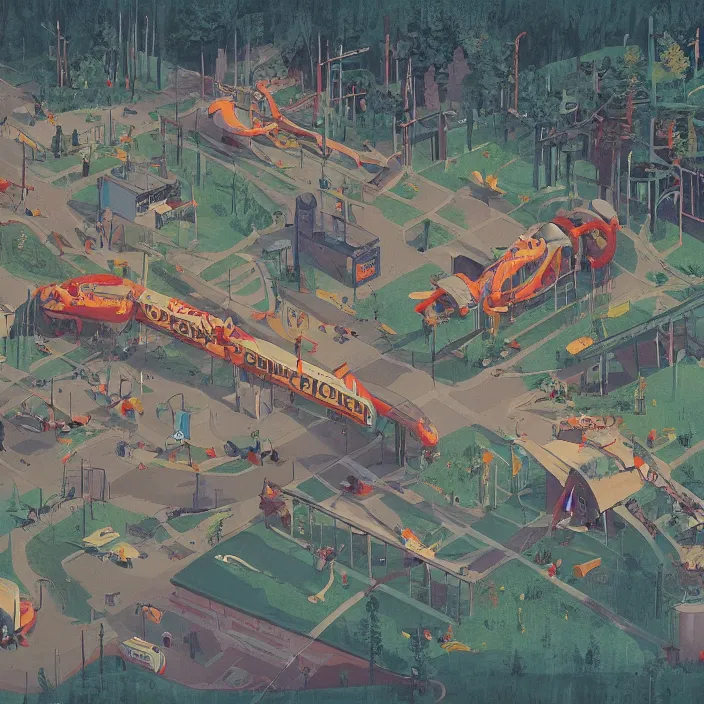 Prompt: a beautiful day at the zoo, by simon stalenhag