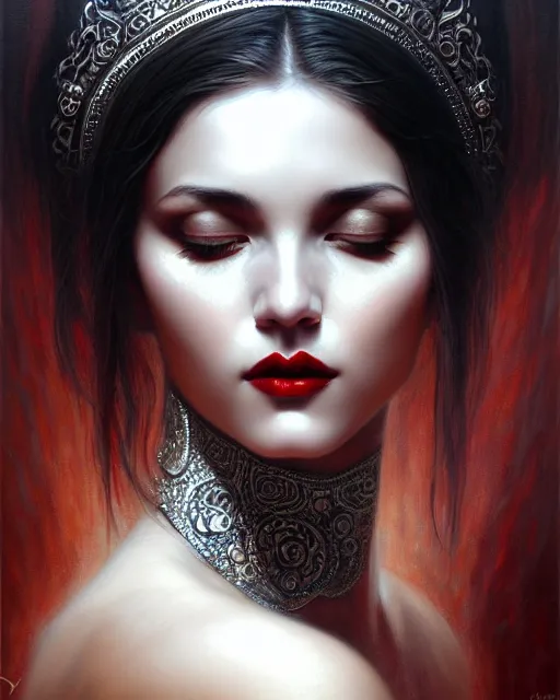 Image similar to portrait of a beautiful goddess, enigmatic beauty, dominant shades of black, silver, dark red, white, head in focus, fantasy art, ornamental aesthetics, intricate, elegant, highly detailed, hyperrealistic, artstation, concept art, soft illumination, painterly, sharp focus, by karol bak