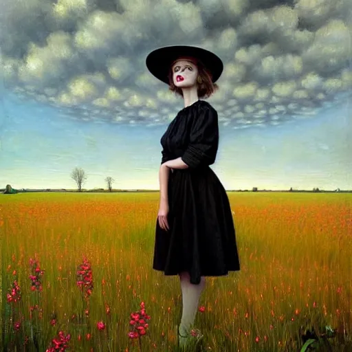 Image similar to a girl standing in a field, wearing black old dress and hat, by andrea kowch, andrea kowch style painting, dark, scene, magicrealism, flowers in background,