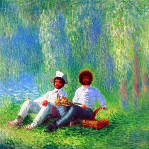 Prompt: napoleon and bob ross having picnic by monet