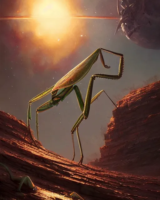 Prompt: a giant space praying mantis eats planet, photo realistic, epic composition, epic light, high details by greg rutkowski and mark marc simonetti