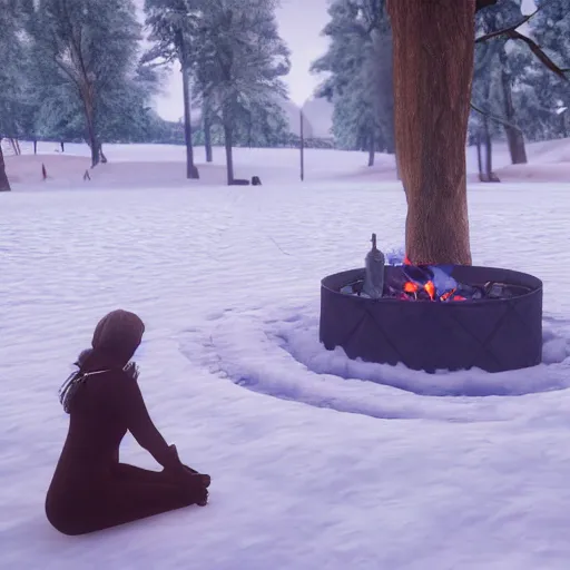 Image similar to a beautiful woman made out of snow and ice sitting by a campfire and slowly melting, by iris van herpen, unreal engine 5, outdoor campfire pit