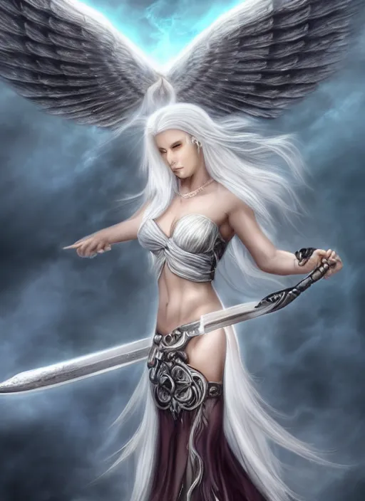 Image similar to a woman angel with white hair and wings holding a sword, a digital rendering by Anne Stokes, deviantart, fantasy art, deviantart hd, deviantart, angelic photograph