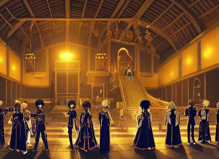 Image similar to key anime visual portrait of a castle's main hall interior with throne, servants, nobles, designed by mika pikazo, dynamic pose, dynamic perspective and angle, cinematic, film grain, detailed, intricate, at night, dramatic lighting