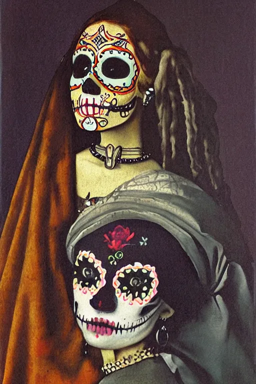 Image similar to illustration of a sugar skull day of the dead girl, art by johannes vermeer