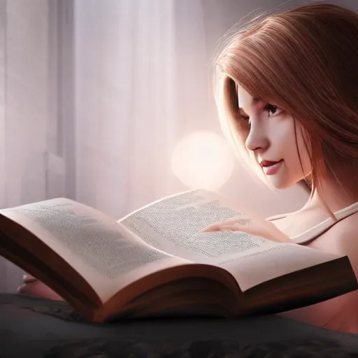 Image similar to ! dream a girl reading a book, her hair flowing down, hyper - realistic, very detailed, intricate, slight smile expression, photo realistic, dramatic cinematic lighting, octane render, 4 k, ultra detailed