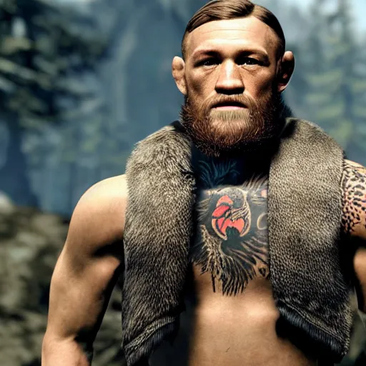 Prompt: character screenshot of conor mcgregor in skyrim, elf armor, ps 3 graphics, npc talking, wilderness, 1 0 8 0 p, bokeh, elder scrolls v, detailed, dialog text