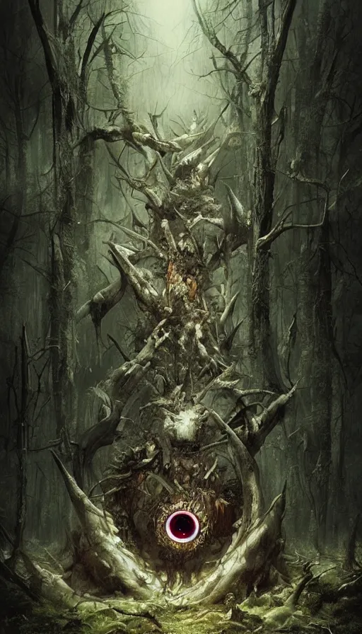 Image similar to a storm vortex made of many demonic eyes and teeth over a forest, by ryohei hase