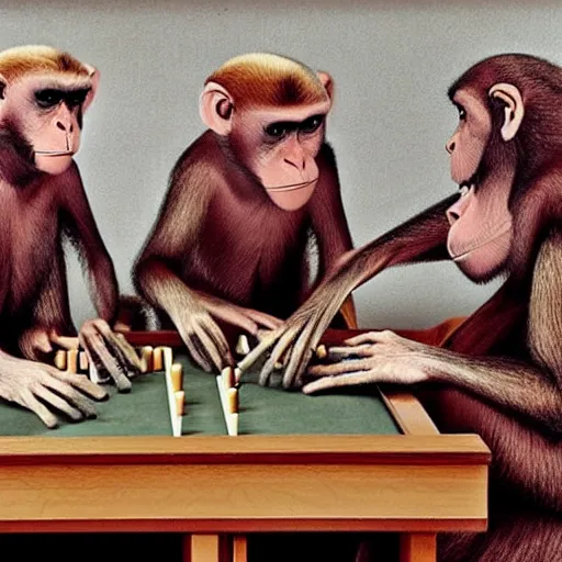 Image similar to A beautiful performance art of a group of monkeys playing backgammon. The monkeys are seated around a table, with some of them appearing to be deep in concentration while others appear to be playing more casually. by Gwenda Morgan robust