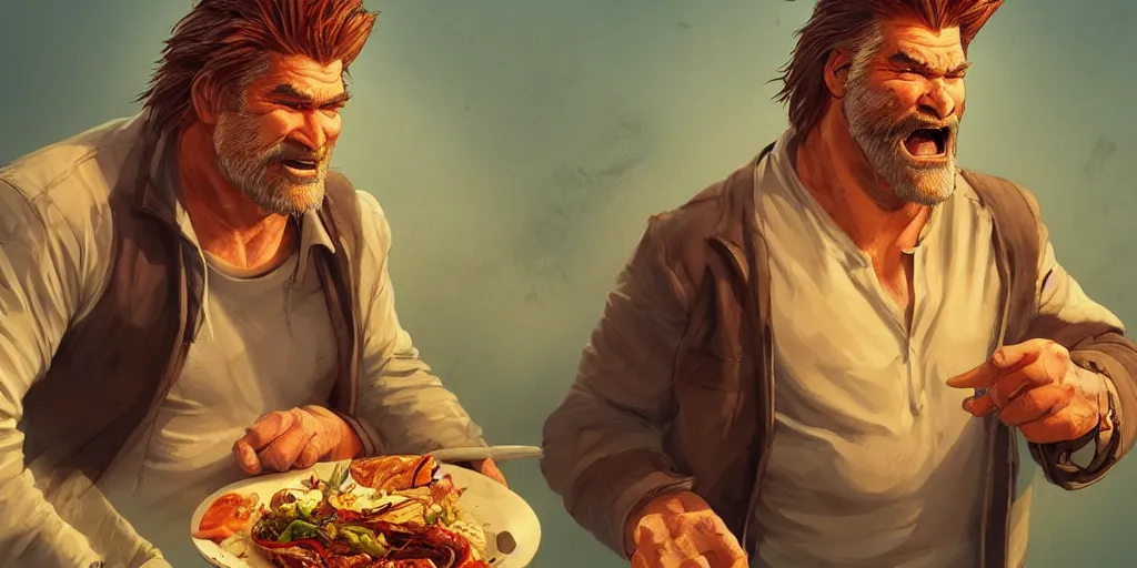 Image similar to cartoonish kurt russel eating dinner, vivid colors, character sheet, fine details, concept design, contrast, kim jung gi, greg rutkowski, trending on artstation, 8 k, full body, turnaround, front view, back view, ultra wide angle