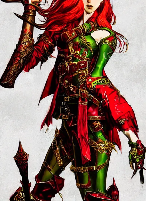 Image similar to Full body portrait of a handsome young red haired elven princess warrior wearing red, green and gold ornate leather jacket, golden tiara and an axe. In style of Yoji Shinkawa and Hyung-tae Kim, trending on ArtStation, dark fantasy, great composition, concept art, highly detailed.