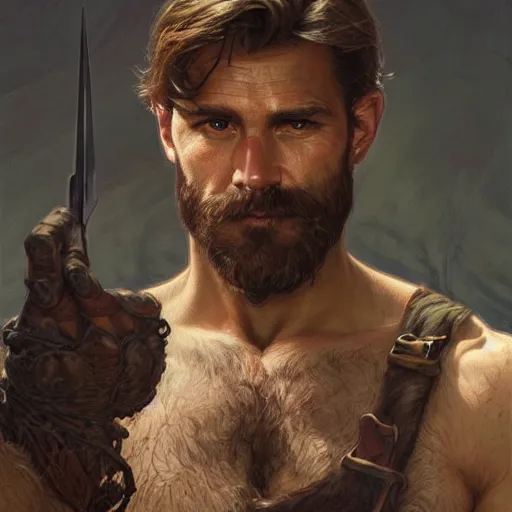 Image similar to portrait of a rugged ranger, muscular, upper body, hairy torso, d & d, fantasy, intricate, elegant, highly detailed, digital painting, artstation, concept art, smooth, sharp focus, illustration, art by artgerm and greg rutkowski and alphonse mucha