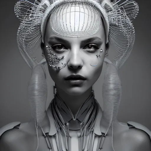 Image similar to closeup portrait of an absurdly beautiful, graceful, sophisticated, fashionable cyberpunk mechanoid gravure idol, an ultrafine hyperdetailed illustration by irakli nadar, matt wisniewski style, fashion photography, intricate linework, porcelain skin, jellyfish headdress, unreal engine 5 highly rendered, global illumination, radiant light, detailed and intricate environment