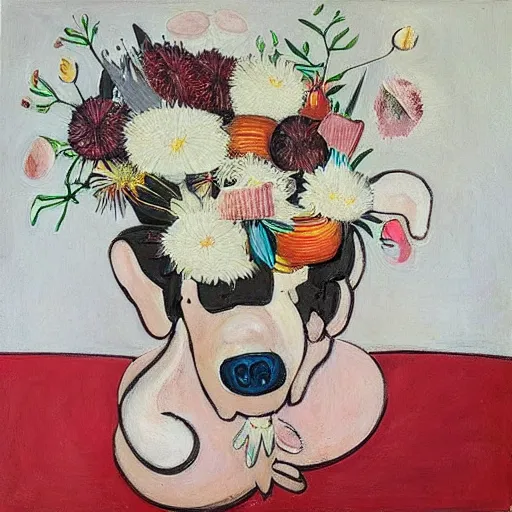 Prompt: “a portrait in an art student’s apartment, feminine pigs as flowers in an elaborate dramatic flower arrangement, pork, ikebana white flowers, white wax, squashed berries, acrylic and spray paint and oilstick on canvas, by munch and Dali”