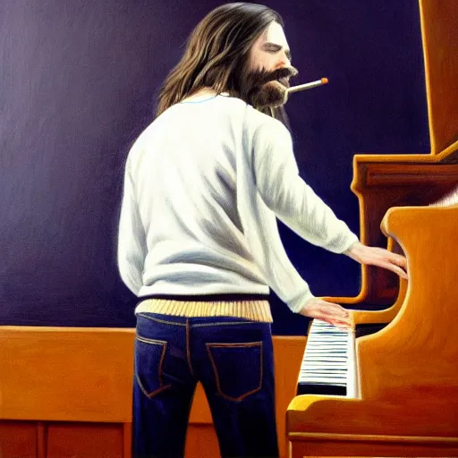 Image similar to An Oil Painting of the back view of Rivers Cuomo in a sweater with long hair and a mustache masterfully playing the piano, hyperrealistic, extremely realistic, highly realistic, HD Quality, 4k resolution, 8k resolution, Detailed, Very Detailed, Highly Detailed, Extremely Detailed, Intricate Details, Real, Very Real, Oil Painting, Digital Painting, Painting, Trending on Deviantart, Trending on Artstation