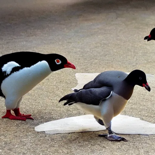 Image similar to a chicken, a penguin, a pigeon and a chicklet side by side