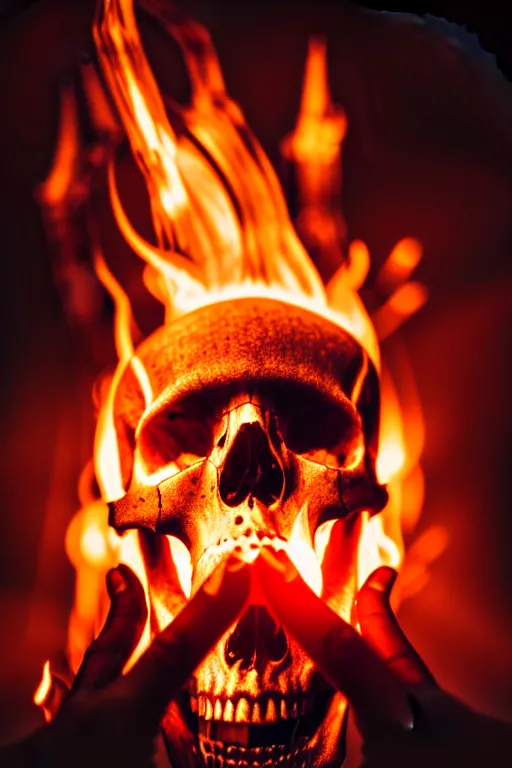 Image similar to photograph of a skull burning while being held up by a skeletal hand photorealistic, hyperdetailed, volumetric light, cinematic, f 8 aperture