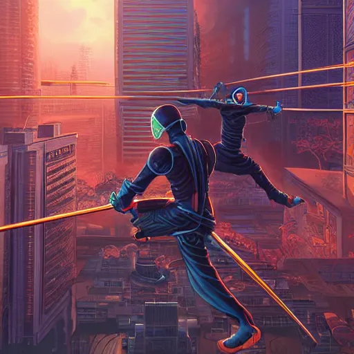 Image similar to ninja cyborgs katana duel in cybercity, golden hour, poster by michael whelan and gilbert williams and evgeny lushpin and artgerm and alena aenami, 3 0 mm, highly detailed